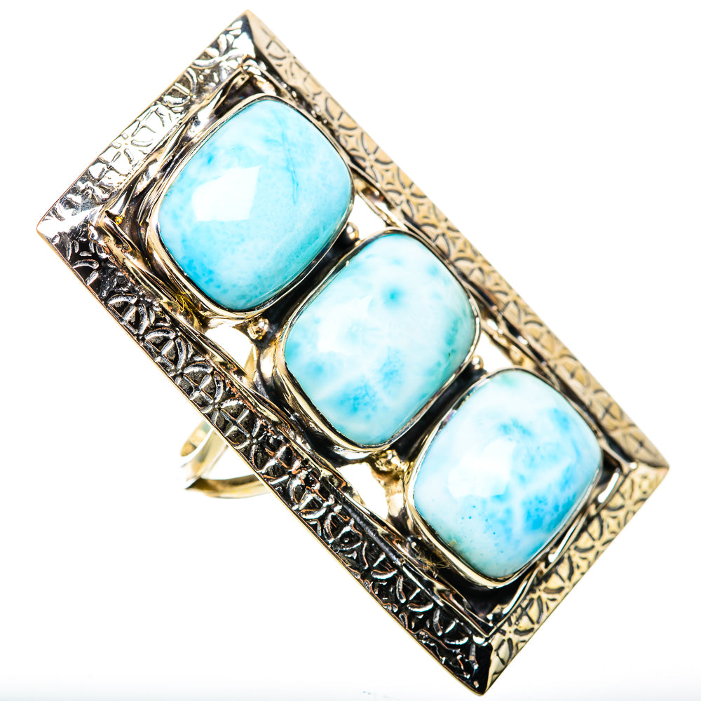 Gigantic Larimar ring featuring three rectangular light-blue stones in ornate silver frame