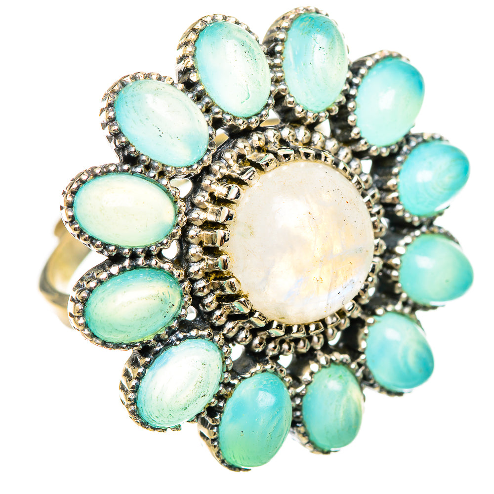925 sterling silver cluster ring with oval aqua stones and round moonstone center