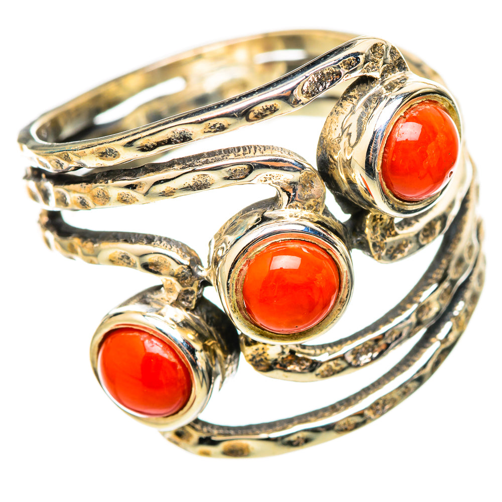Sterling silver coral ring, ornate band with three red oval cabochons