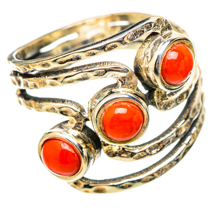 Sterling silver coral ring, ornate band with three red oval cabochons