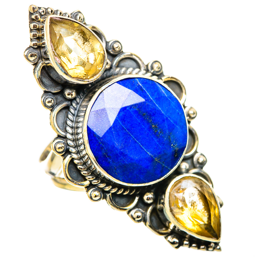 Sterling silver ring with oval lapis lazuli center and two oval citrine stones