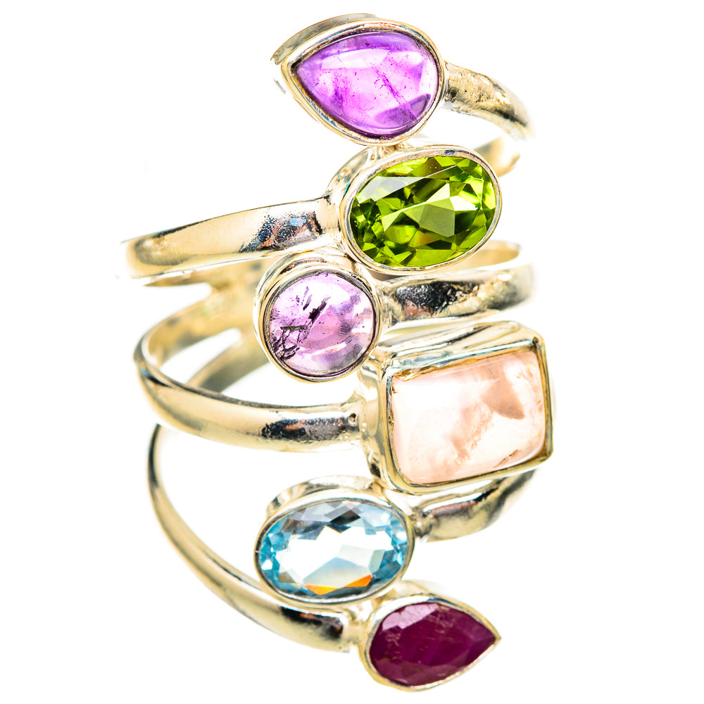 Silver gemstone stack ring with purple, green, pink, and blue teardrop stones, size 7.75