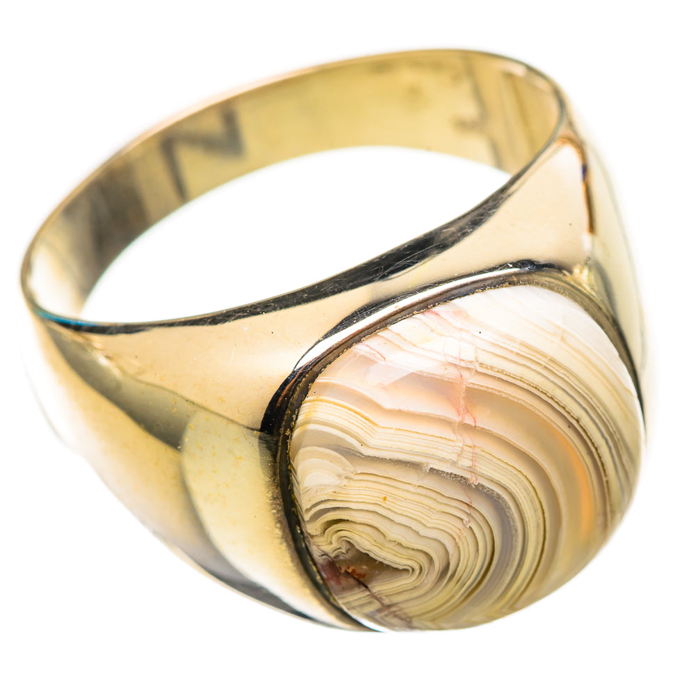 Sterling silver band ring featuring white lace agate oval set in domed bezel