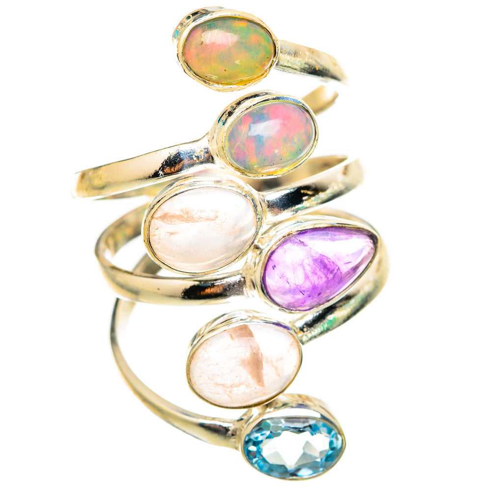 Sterling silver oval gemstone ring with opal, amethyst, and blue topaz stones