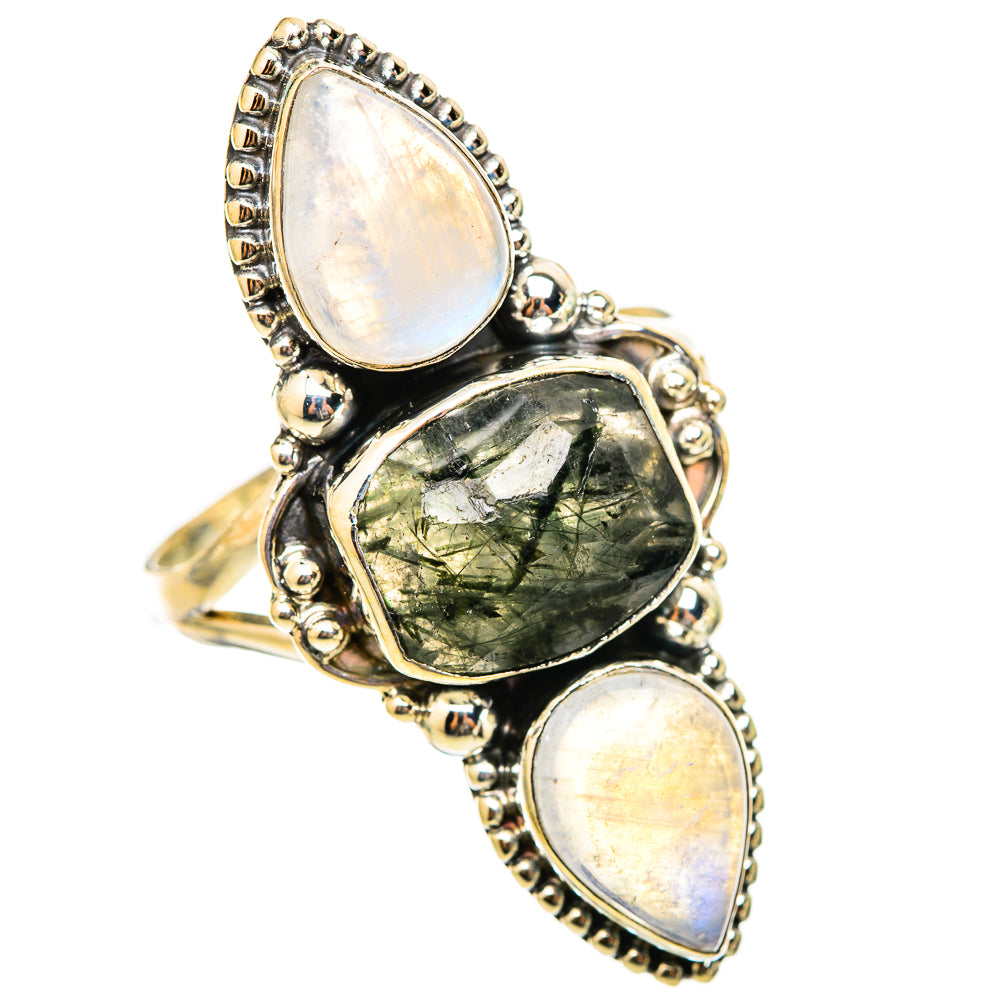 925 sterling silver ring with two moonstone-like ovals and one dark quartz center