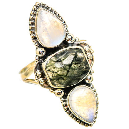 925 sterling silver ring with two moonstone-like ovals and one dark quartz center