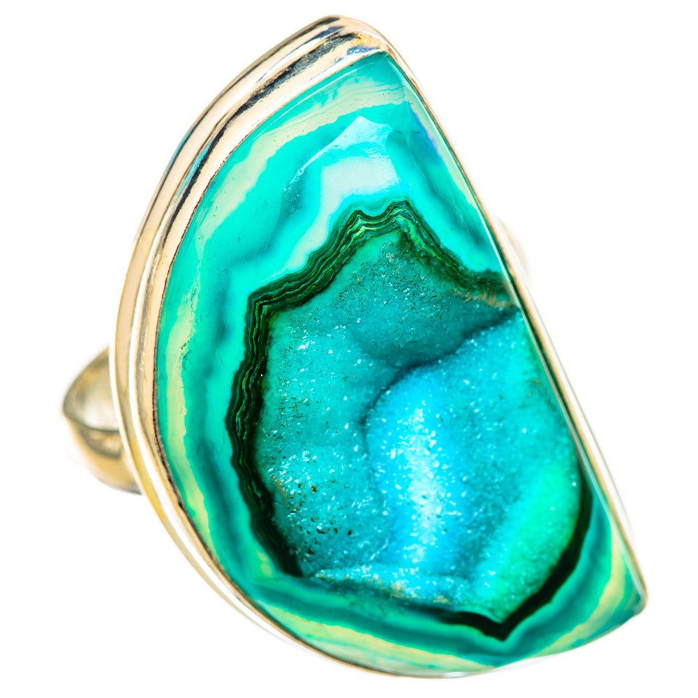 Sterling silver teardrop geode druzy ring with green-blue gemstone center