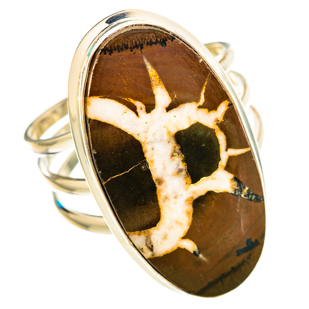 Septarian geode ring with teardrop-oval brown stone, white crackle veins, sterling silver
