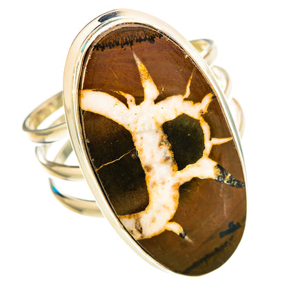 Septarian geode ring with teardrop-oval brown stone, white crackle veins, sterling silver