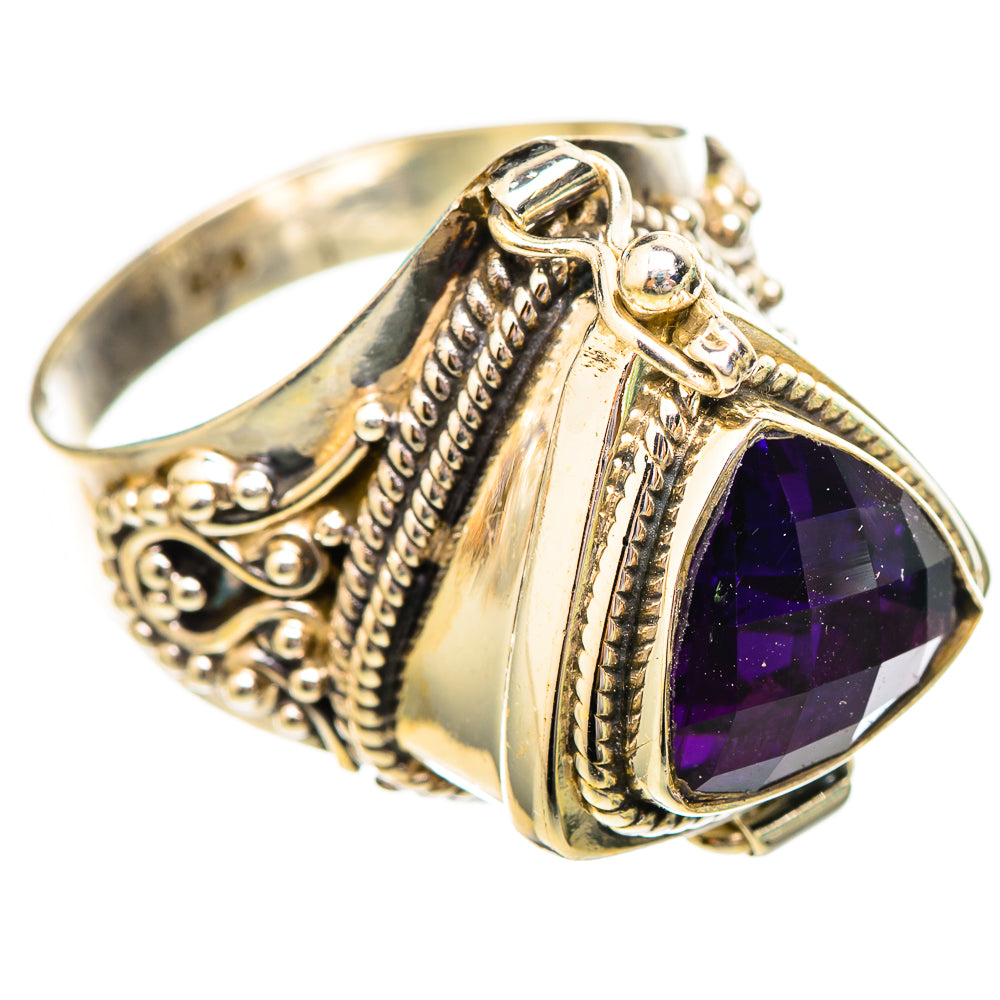 Amethyst statement ring, faceted purple stone, ornate silver setting, size 8
