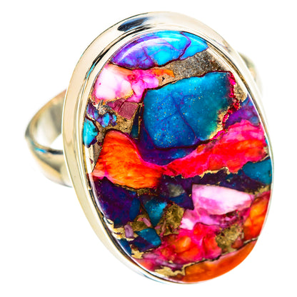 Oval multicolor mosaic cabochon ring with sterling silver band