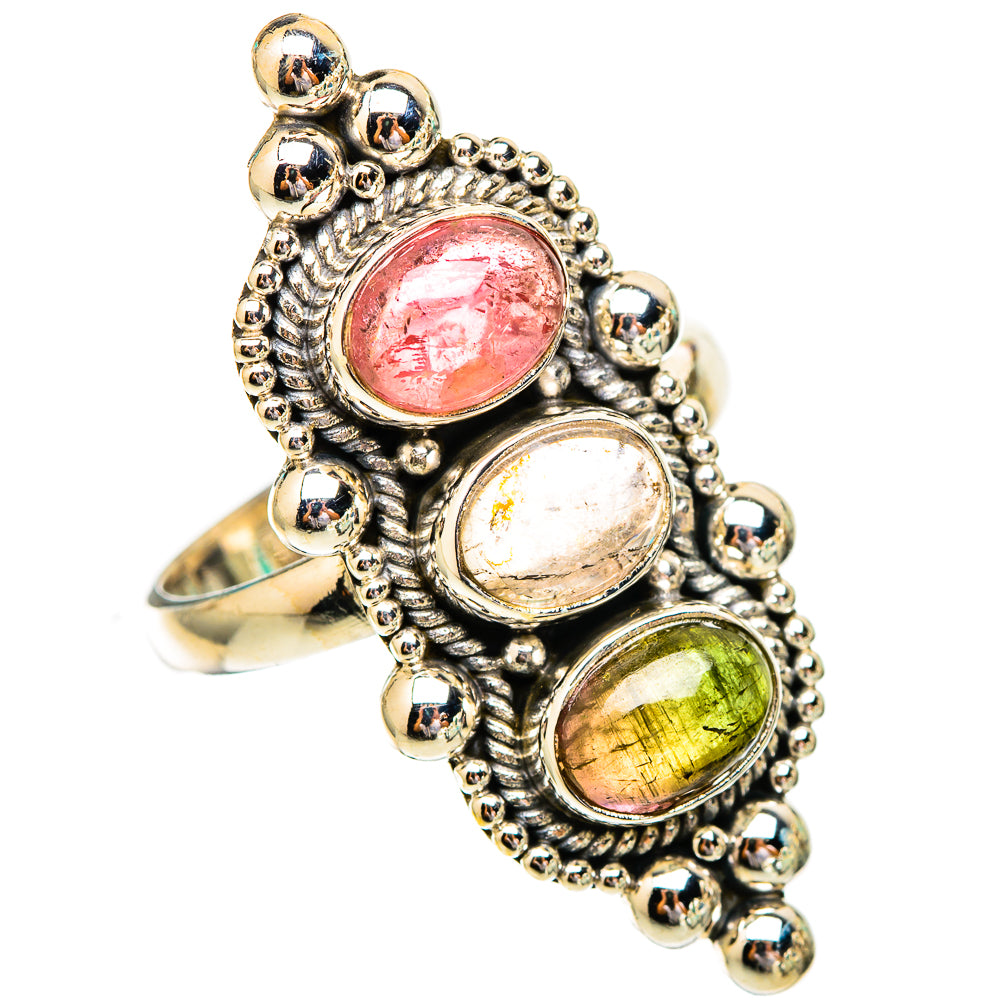 Sterling silver oval gemstone ring with pink, white, and green stones and bead setting