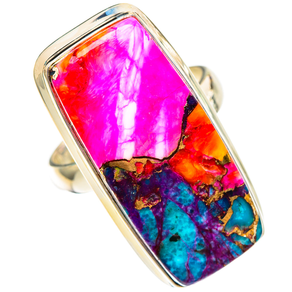 Rectangular pink, turquoise, and blue gemstone ring in sterling silver bezel