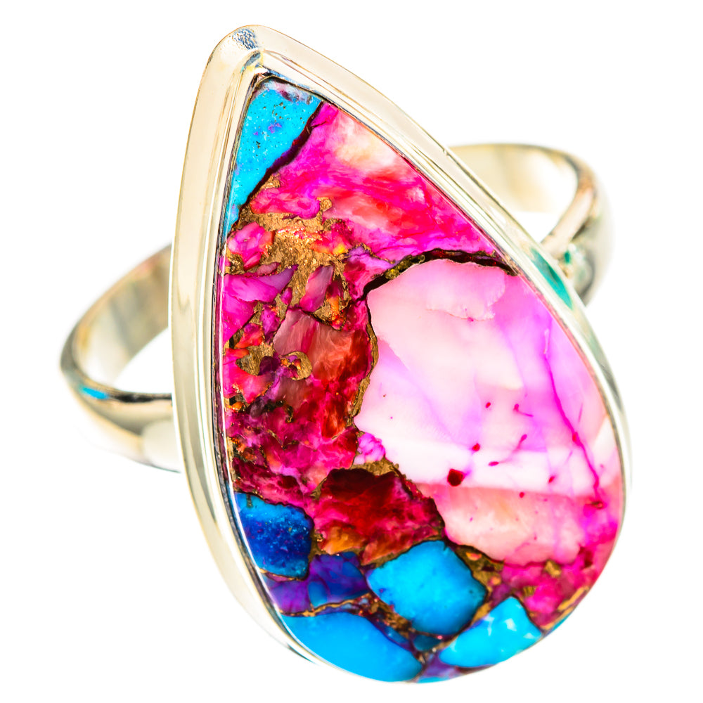 925 sterling silver ring, large teardrop opal-like stone in pink, turquoise, blue