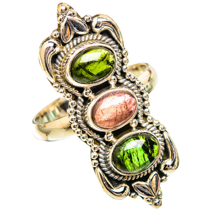 Sterling silver tourmaline ring, size 10, with three oval green and pink stones, ornate band