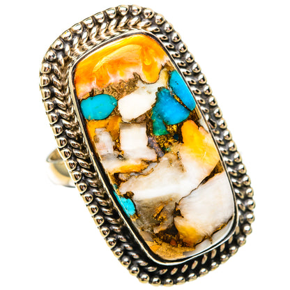 Turquoise composite oval ring, blue turquoise and yellow-orange with silver bead border