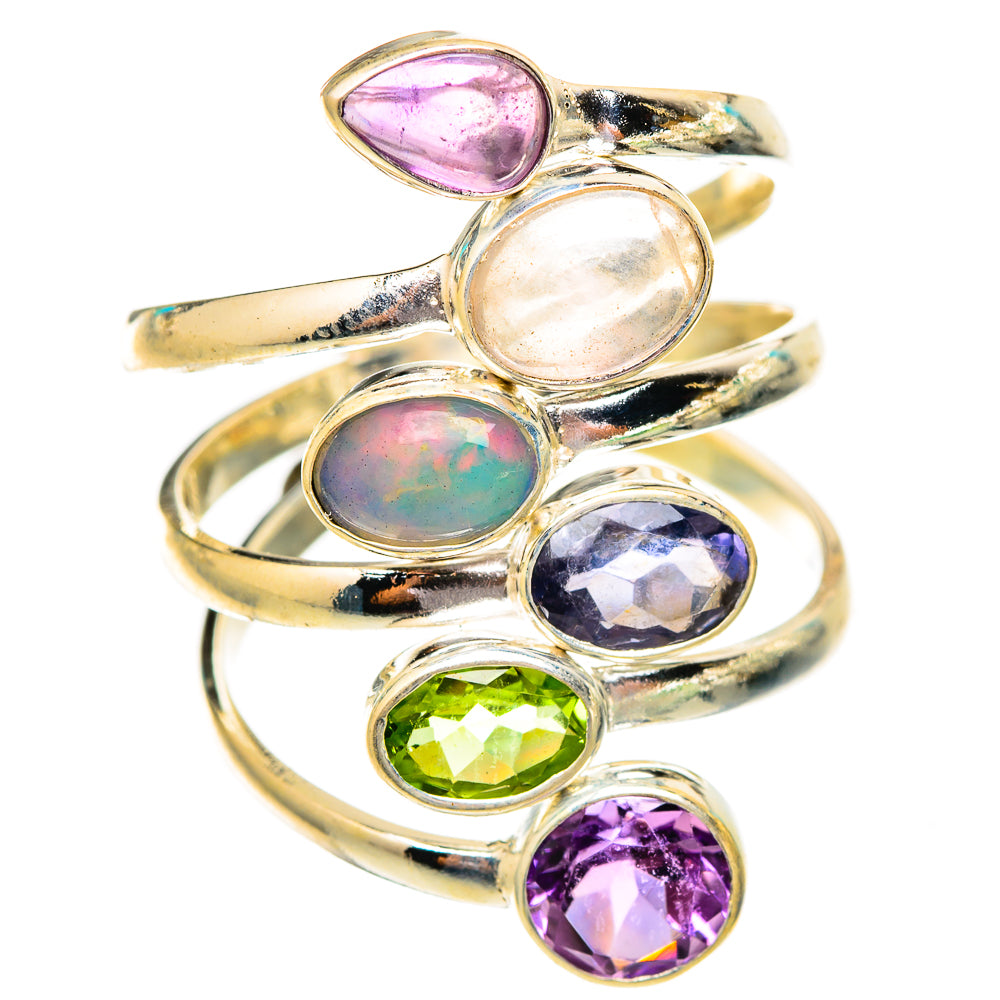 Silver-tone multi-stone ring with oval opal, purple amethyst, blue and green gems