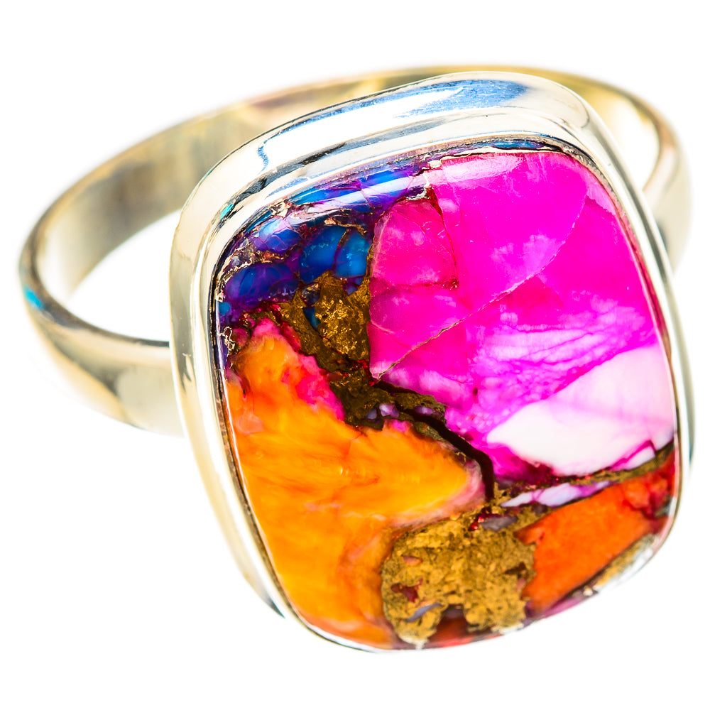 Oval 925 sterling silver ring with magenta, orange, blue gemstone cabochon