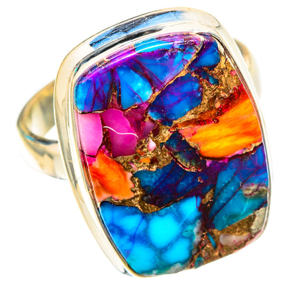 Sterling silver ring with rectangular multi-color mosaic stone, angled side view.