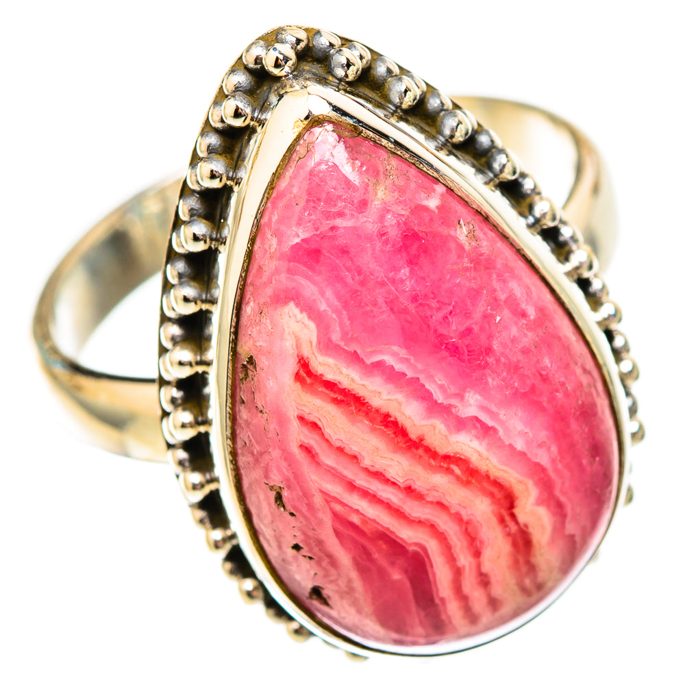 Rhodochrosite teardrop ring in 925 sterling silver, pink cabochon with beaded bezel