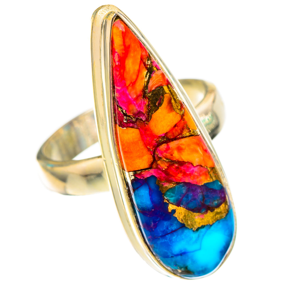 Oval teardrop sterling silver ring with red, blue, and gold inlay