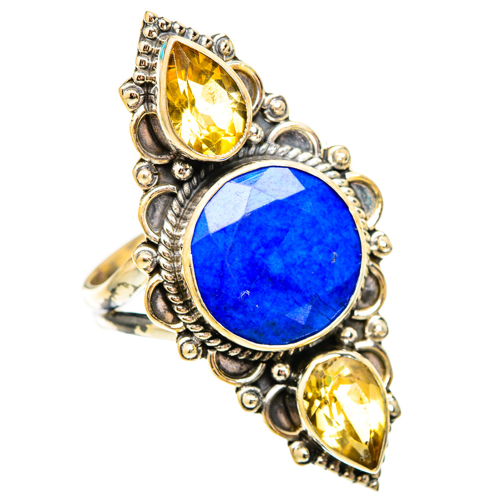 Ornate 925 sterling silver ring, blue oval lapis center with three citrine accents