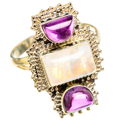 Rainbow moonstone ring with rectangular opal center and two purple amethyst accents