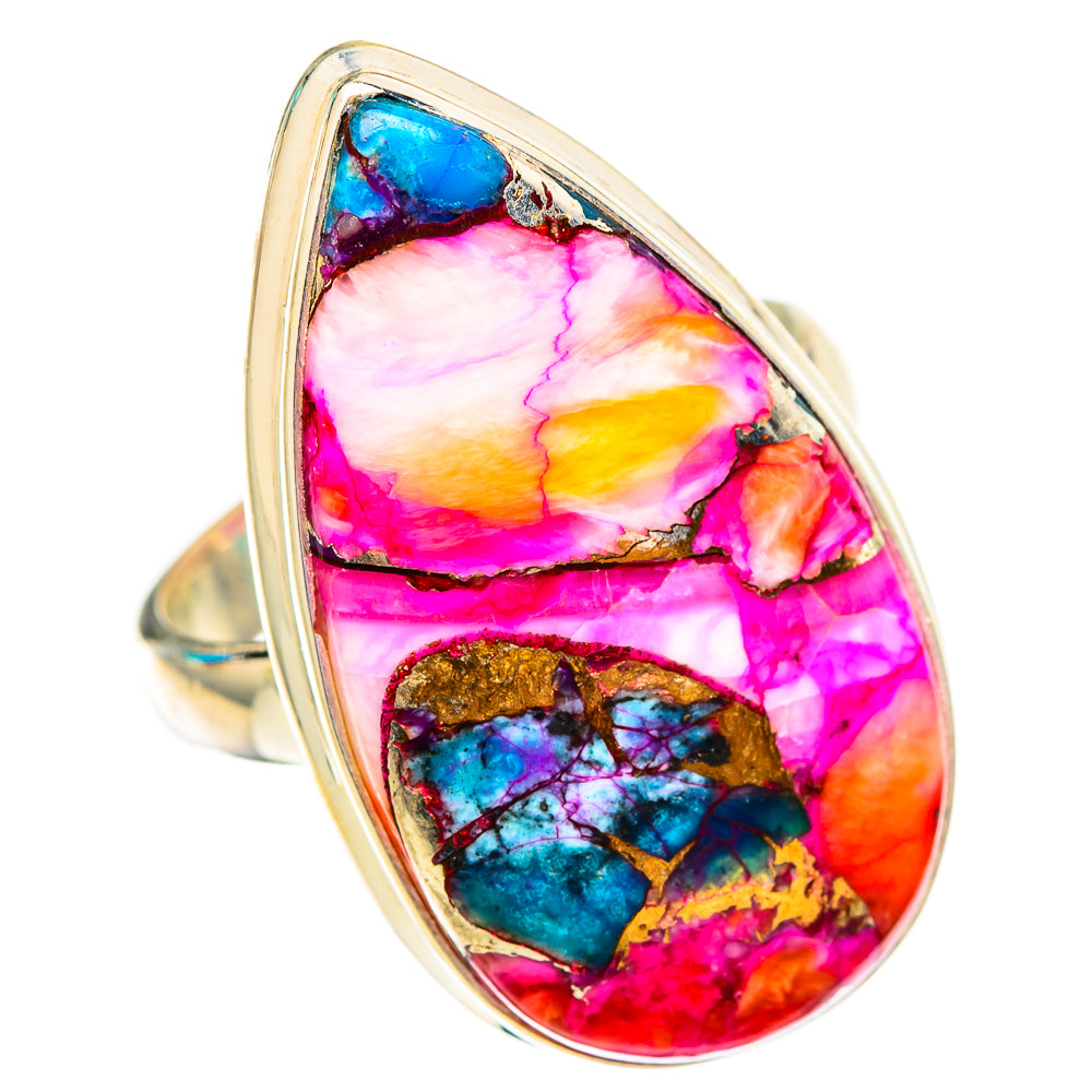 Sterling silver teardrop ring with pink, blue, and gold turquoise inlay