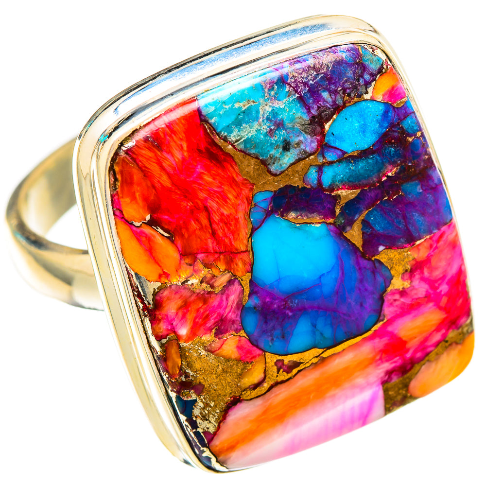 Sterling silver statement ring with large rectangular multicolor stone inlay top