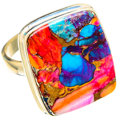 Sterling silver statement ring with large rectangular multicolor stone inlay top