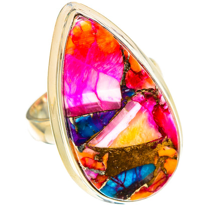 Sterling silver teardrop ring with multicolor gemstone mosaic, pink blue and orange.