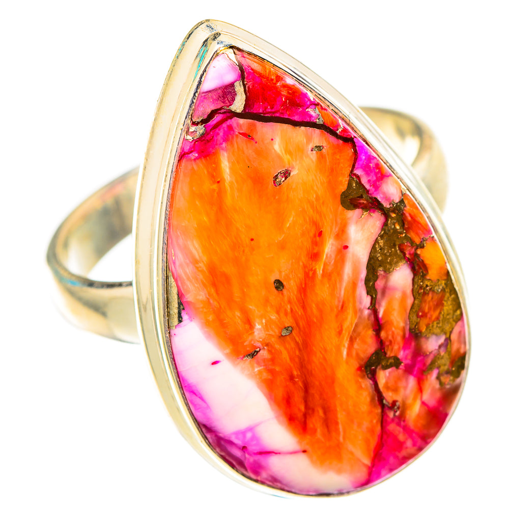 Silver-tone oval bezel ring with multicolor cabochon, orange, pink, and purple pattern