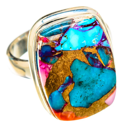Sterling silver oval ring with turquoise mosaic center and pink purple accents, side view
