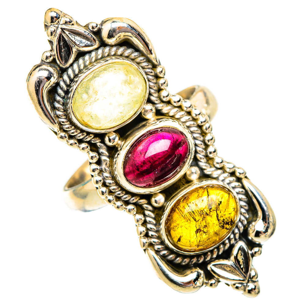 925 sterling silver oval cabochon ring with three stones: pale yellow, pink-red, yellow