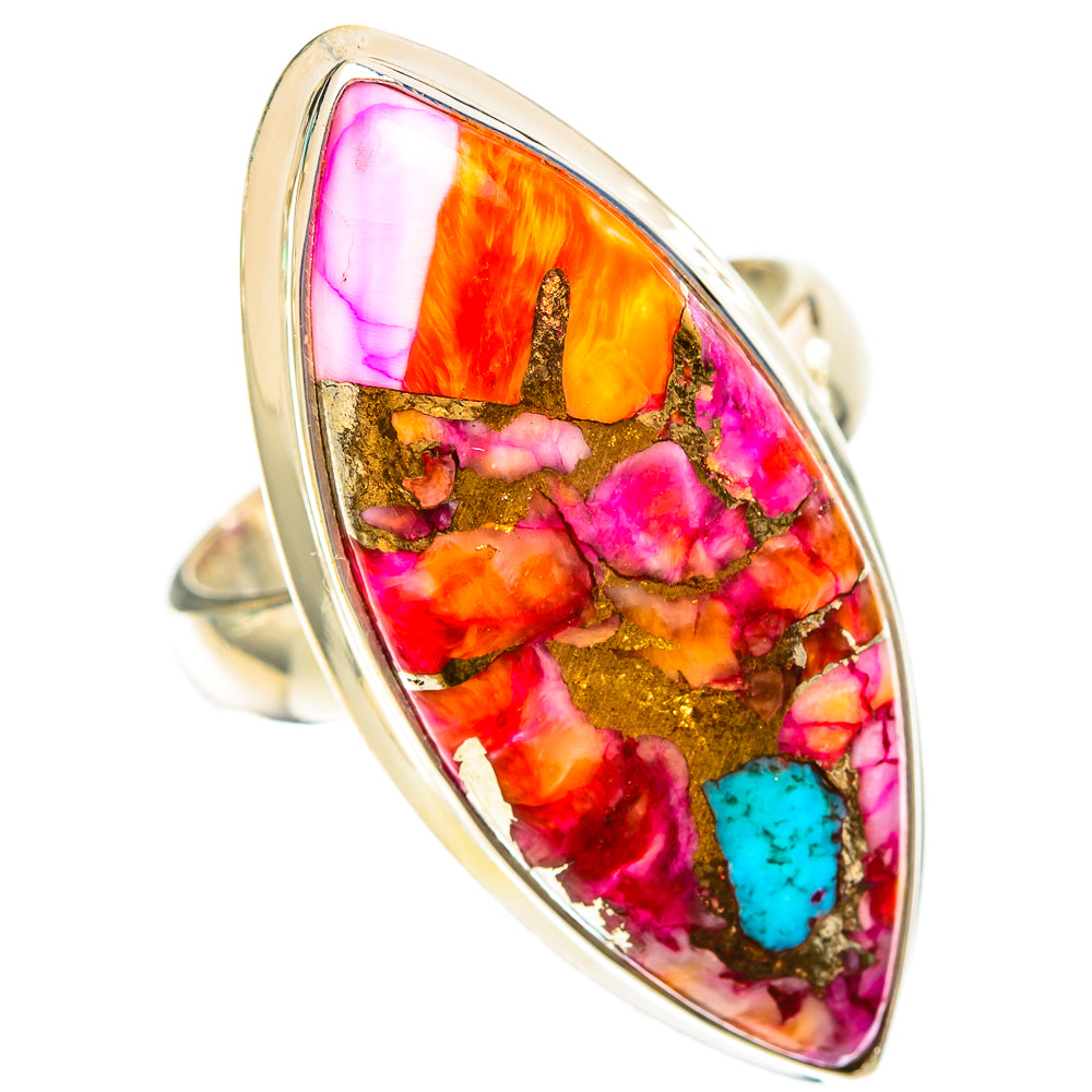 Sterling silver oval statement ring with pink, orange and turquoise mosaic center