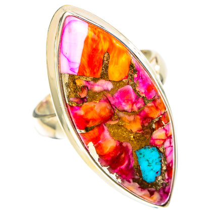 Sterling silver oval statement ring with pink, orange and turquoise mosaic center