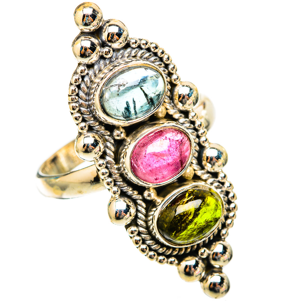 Tourmaline ring with oval blue, pink, green stones in ornate silver-tone frame