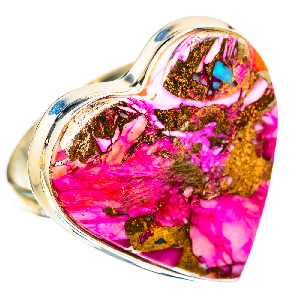 Heart-shaped pink ring with gold foil and turquoise accents, sterling silver band and bezel