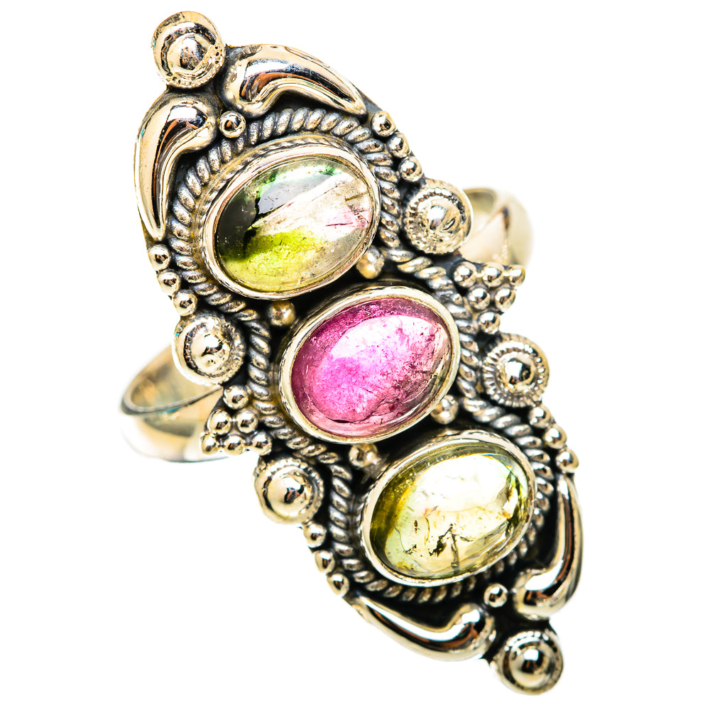 Natural tourmaline ring, 925 sterling silver with green, pink, and yellow cabochons