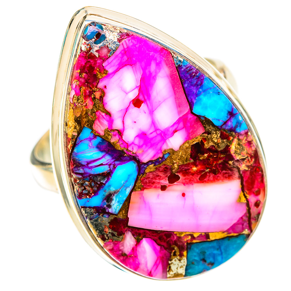 Sterling silver ring with faceted oval pink and turquoise gemstone mosaic