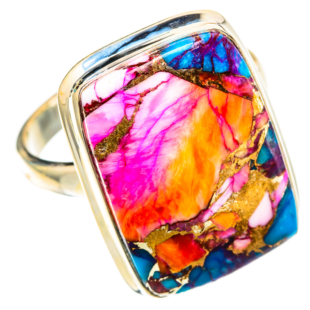 925 sterling silver ring with rectangular multicolor gemstone inlay, pink orange blue