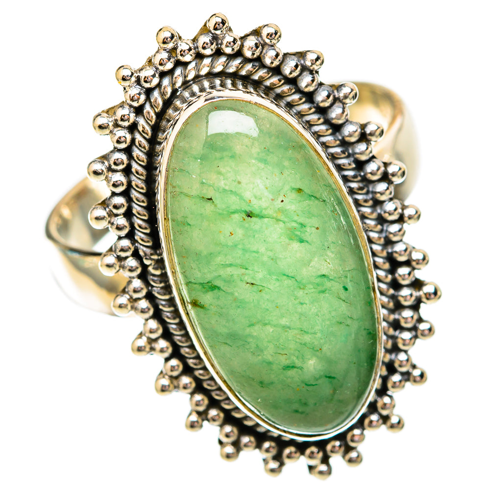 Oval green aventurine ring in 925 sterling silver with raised beaded border