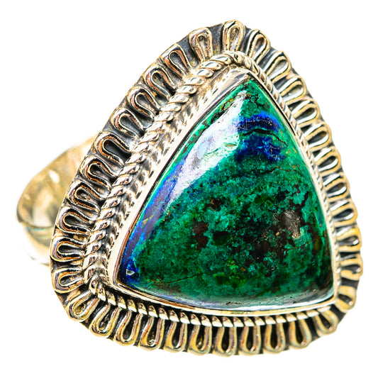 Triangular green-blue stone ring in silver, textured bezel with ridged shank sides