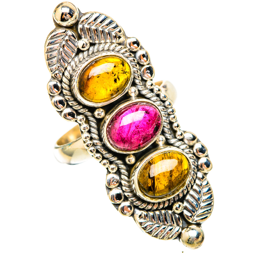 Large oval tourmaline ring in sterling silver with yellow and pink gemstones