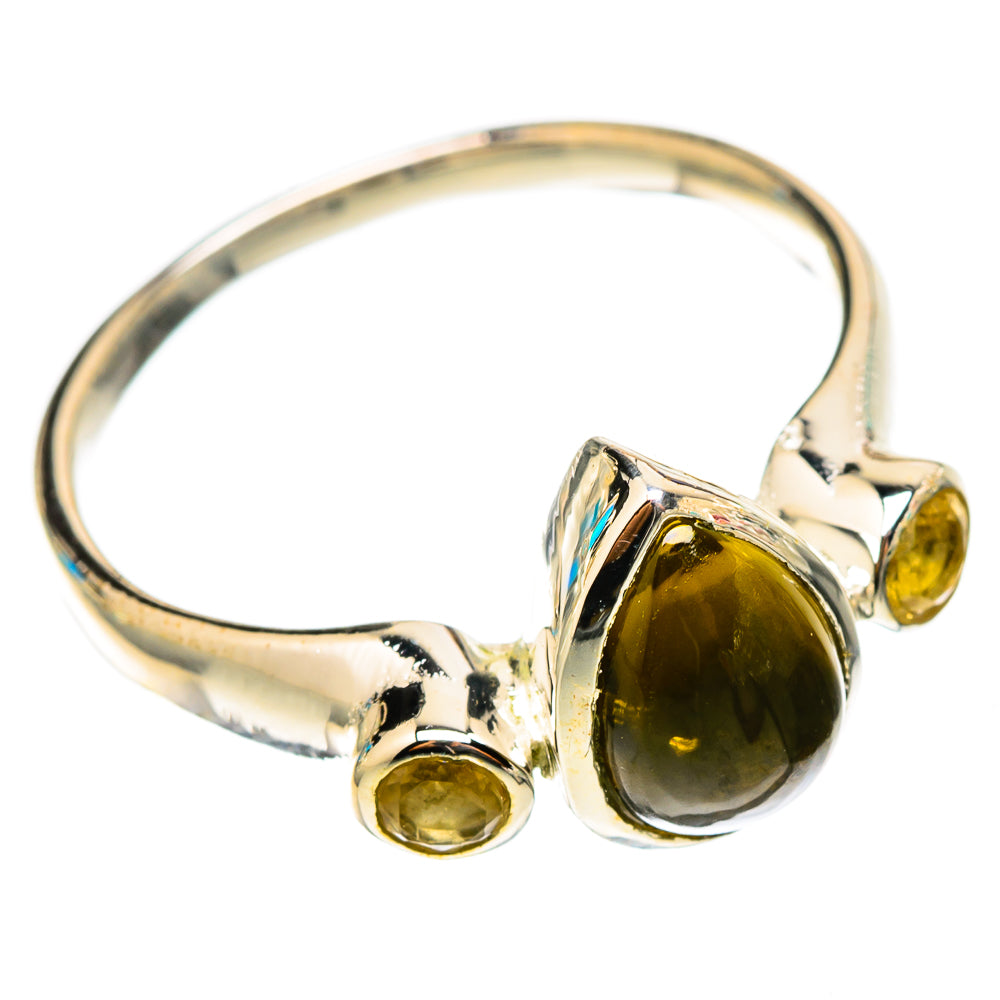 Sterling silver gemstone ring with smoky quartz oval centerpiece and two citrine side stones