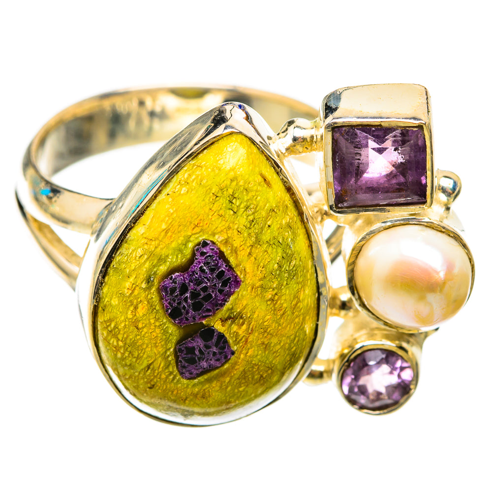 Sterling silver ring with yellow teardrop gemstone, amethyst square, round amethyst, pearl