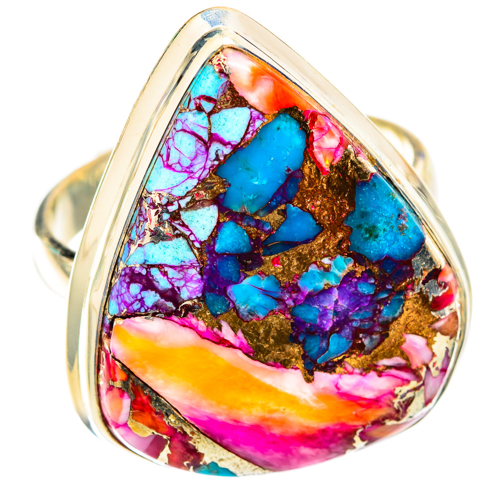 Sterling silver teardrop ring with blue, pink, gold-tone inlay mosaic gemstone face