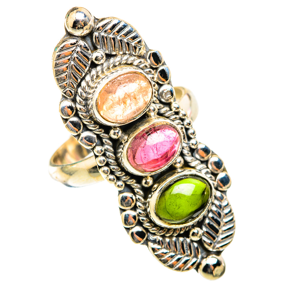 925 sterling silver owl-style ring with oval peach, pink, and green tourmaline stones