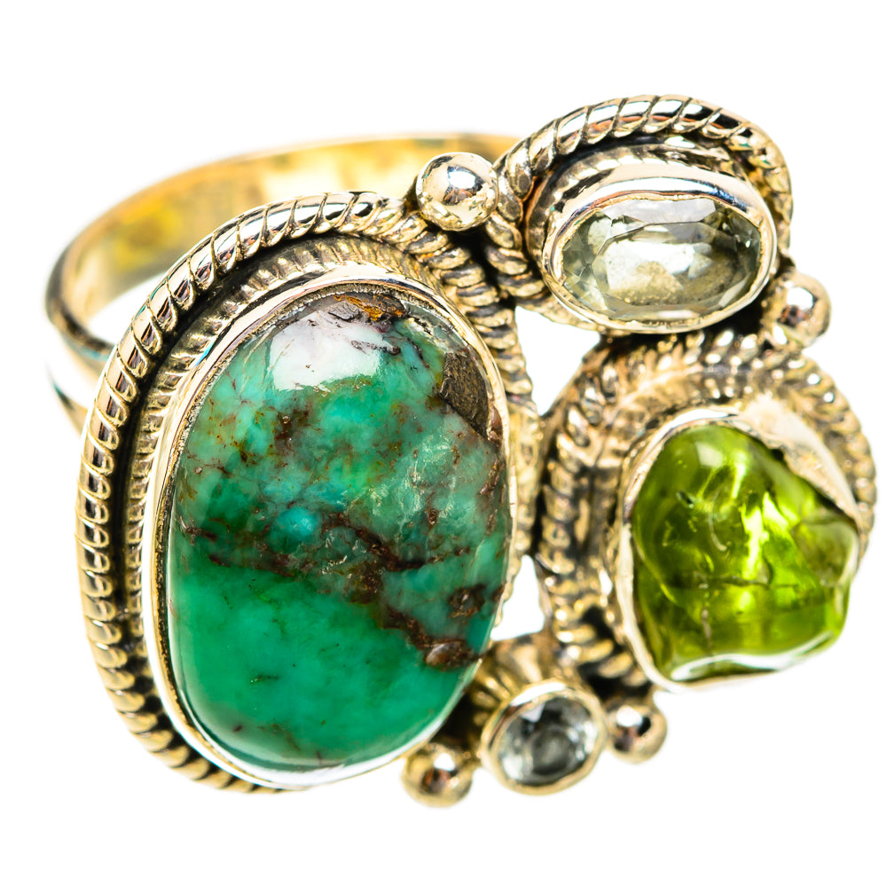 Turquoise and green gemstone statement ring in ornate silver setting, size 7.75