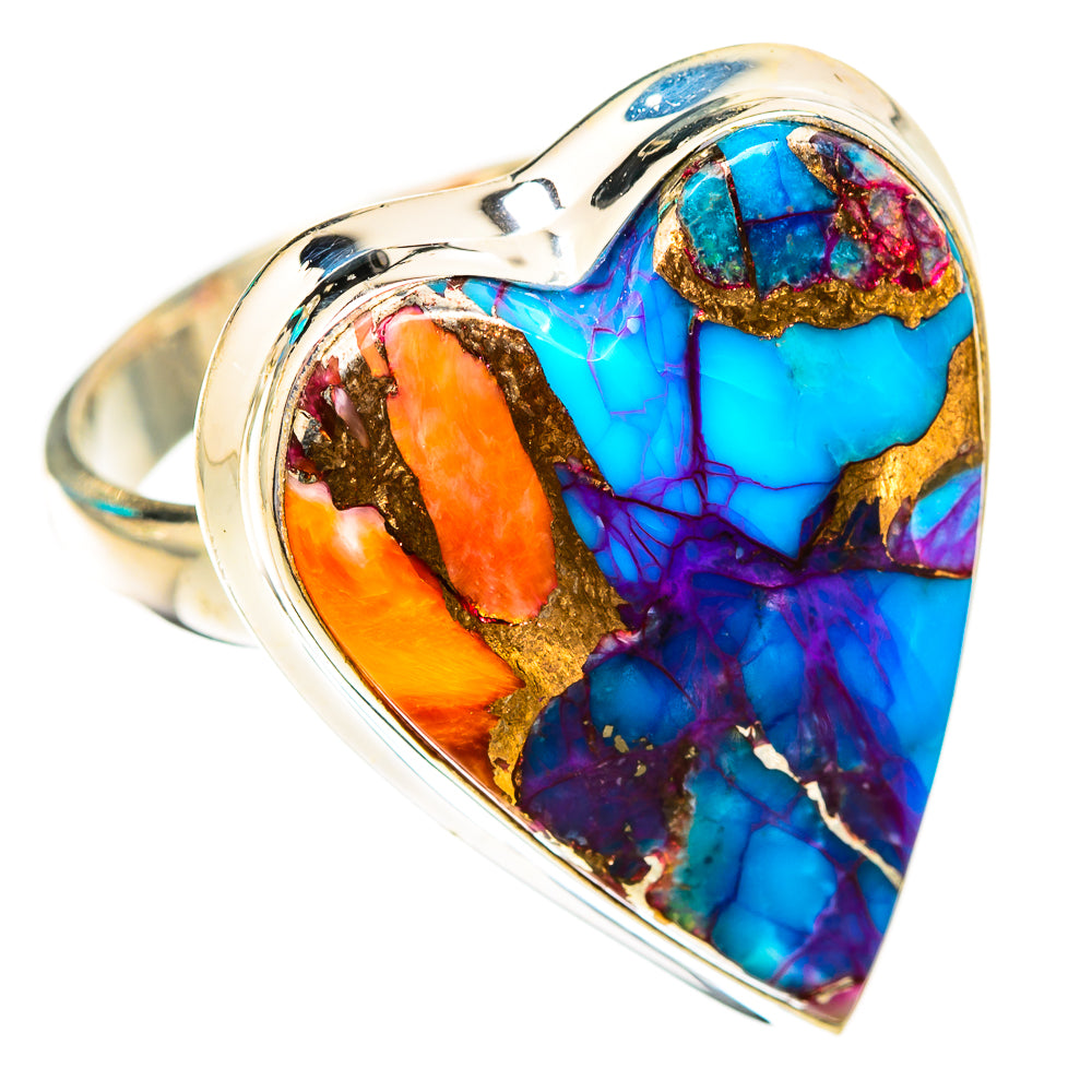 Heart-shaped mosaic stone ring in sterling silver, side view with turquoise blue and orange